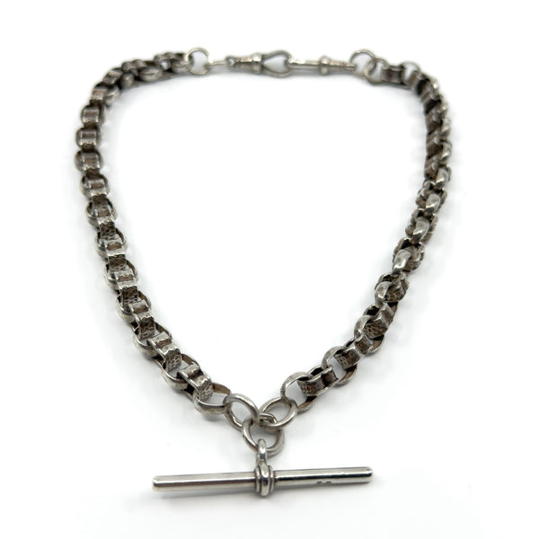 Antique Sterling Silver Chunky Fancy Link 15.5” Albert Chain & T-Bar 925