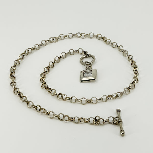 Vintage Sterling Silver 16.8” Rolo Chain & CZ T-Bar Toggle 925