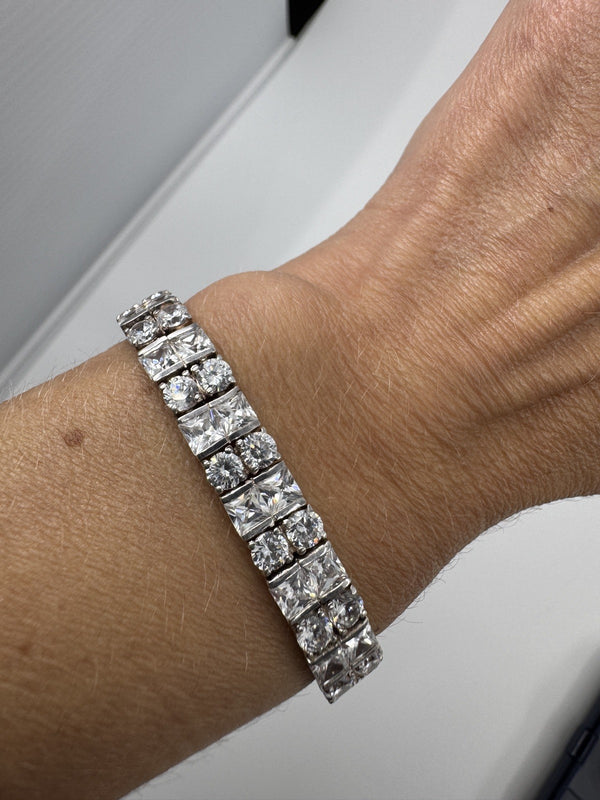 Chunky Sterling Silver 40ct Double Row CZ Tennis 8" Bracelet 925