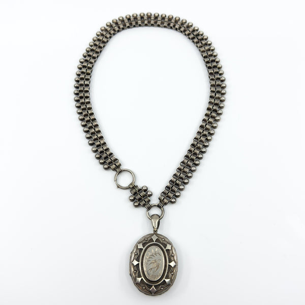 Large Antique Victorian Sterling Silver Reversible Locket & 18.5" Book Chain 925