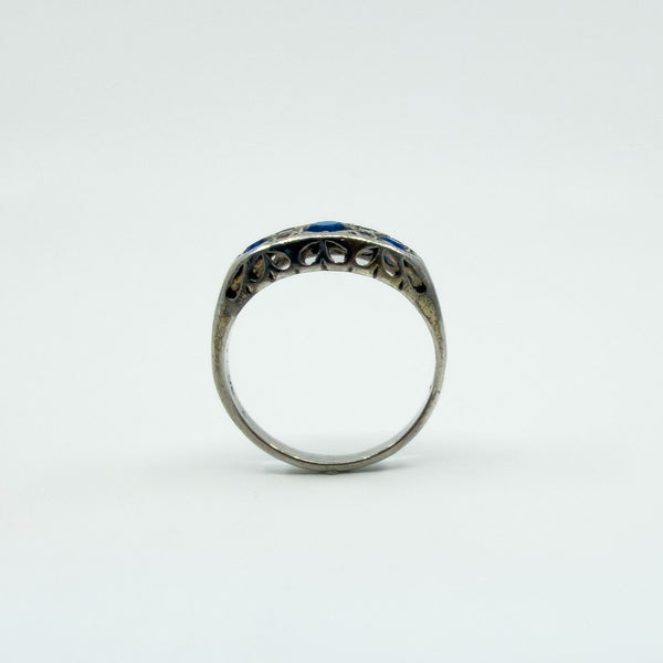 Vintage Sterling Silver Blue & White Paste Boat Ring 925 Size M - N