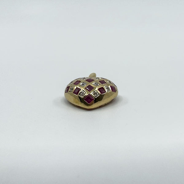 Vintage 9ct Gold Puffy Ruby & Diamond Heart Pendant 375