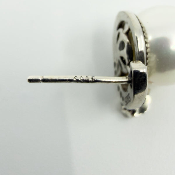 New & Unworn Chunky Sterling Silver White Pearl & CZ Stud Earrings 925
