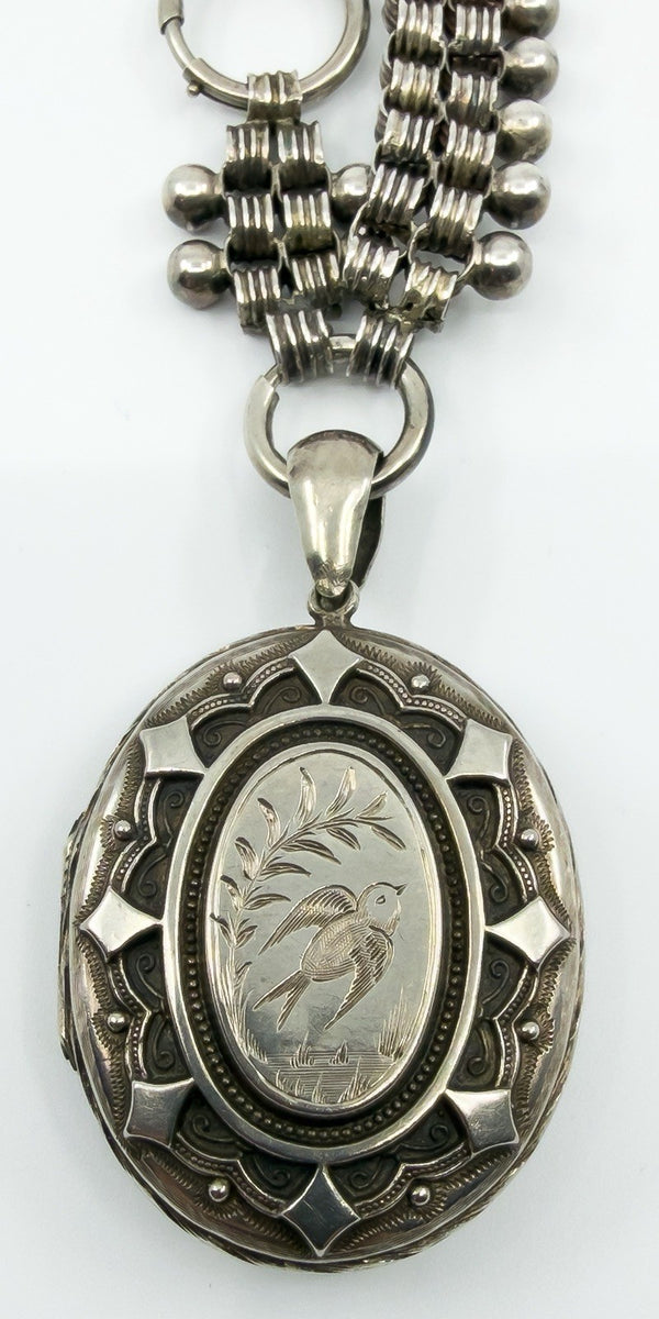 Large Antique Victorian Sterling Silver Reversible Locket & 18.5" Book Chain 925