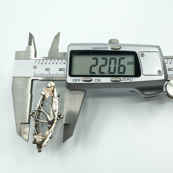 Antique Victorian Sterling Silver & Rose Gold Swallow & Ivy Brooch 925 (Chester)