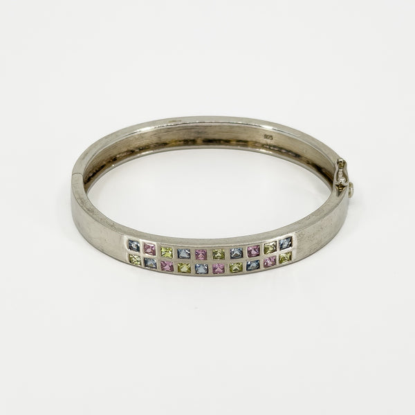Chunky Sterling Silver Multi Coloured CZ Oval Bangle / Bracelet 925