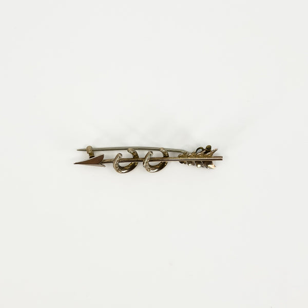 Antique Victorian 9ct Rose Gold Double Lucky Horseshoe & Arrow Brooch 375