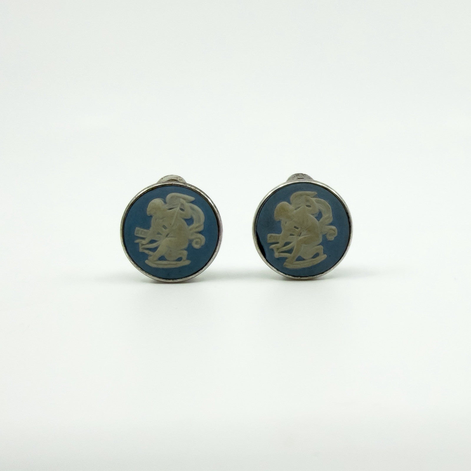 Vintage Sterling Silver Jasper Ware Blue Cameo Clip on Earrings 925