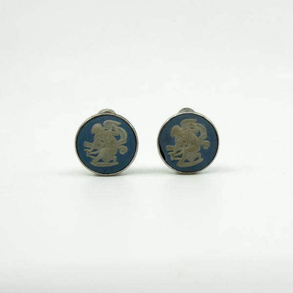 Vintage Sterling Silver Jasper Ware Blue Cameo Clip on Earrings 925