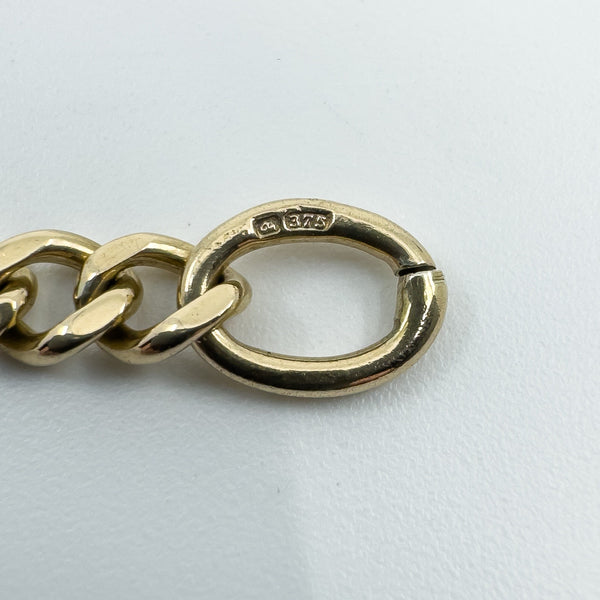 Vintage 9ct Gold Figaro Links with Dog Clip & T-Bar Charm 7.8” Bracelet 375 9.5g