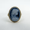 Vintage 9ct Gold Blue Agate Carved Cameo Ring Size Q 1/2