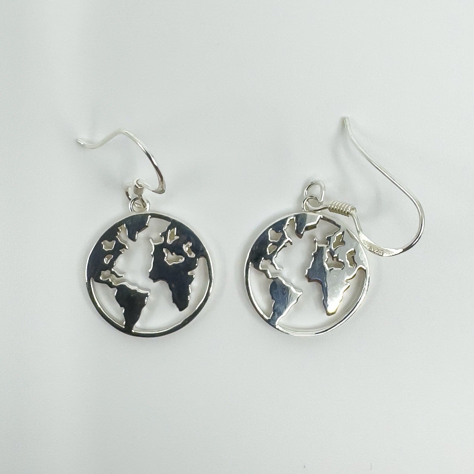 New World Map Earrings on Shepherd Hooks in Sterling Silver 925