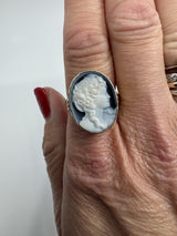 Vintage 9ct Gold Chunky Carved Blue Agate Cameo Locket Ring 375 Size S - T