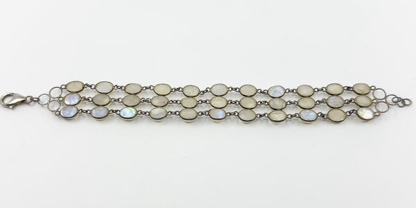 Vintage Sterling Silver 3x Row Moonstone 8.5" Bracelet 925
