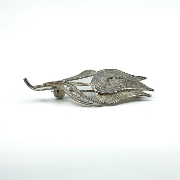 Vintage Sterling Silver Filigree Dutch Tulip Flower Brooch 925