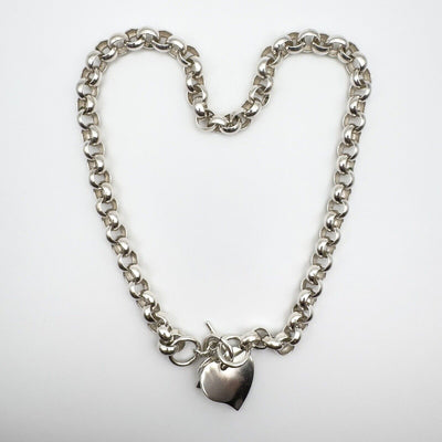 Chunky Double Heart Charm 18” Rolo Links Chain in Sterling Silver 59g