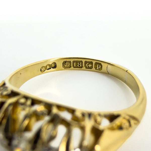 Antique 18ct Gold 0.32ct Diamond Boat Ring 750 Size N (Birm 1914)