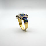 Unusual Vintage 18ct Gold Diamond & Floral Enamelled Buckle Ring Size M Heavy 6g