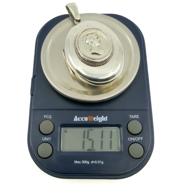 Large Chunky Antique Victorian Sterling Silver Cameo Portrait Locket 925