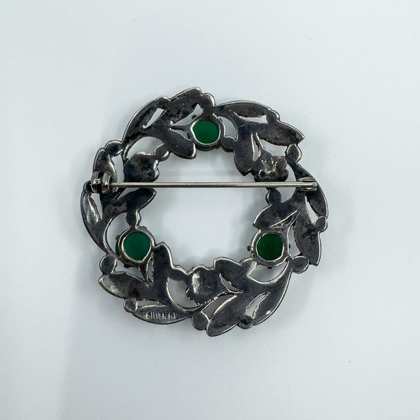 Large Vintage Sterling Silver Floral Green Chalcedony Brooch 925 Bernard Instone