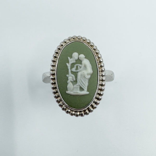 Vintage Sterling Silver Wedgewood Green Jasper Ware Cameo Ring 925 Size N - O