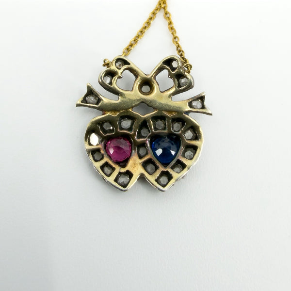 18ct Gold Ruby Sapphire & Diamond Double Sweetheart Bow Pendant & Necklace 750