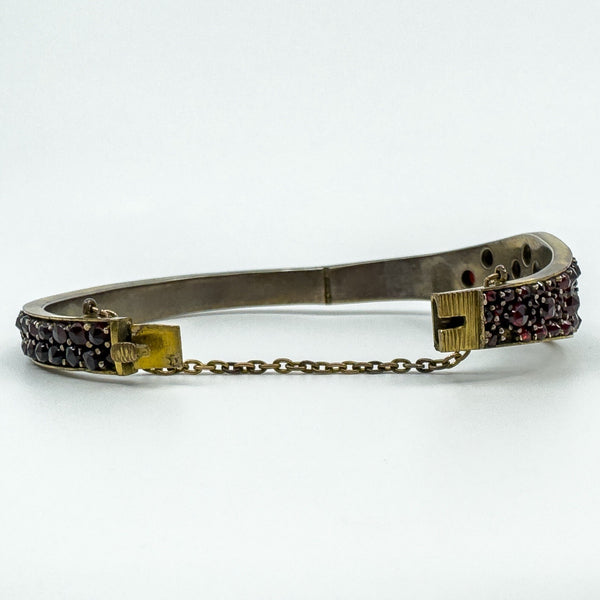 Antique Silver Gilt Bohemian Rose & Flat Cut Garnet Hinged Bangle / Bracelet