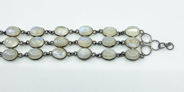 Vintage Sterling Silver 3x Row Moonstone 8.5" Bracelet 925