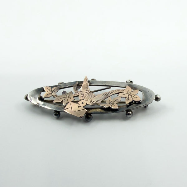 Antique Ewardian Sterling Silver & Rose Gold Swallow Ivy Love Letter Brooch 925