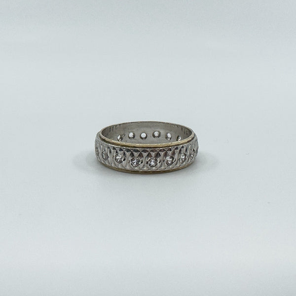 Vintage 9ct Gold & Silver White Spinel Engraved Full Eternity Band Ring Size N