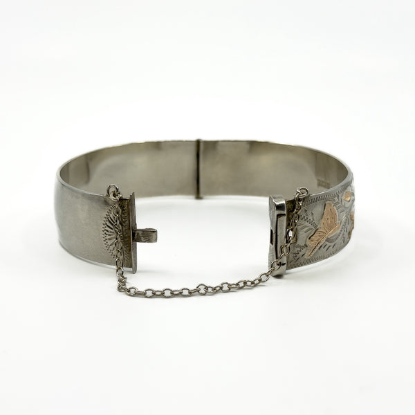Vintage Sterling Silver & Rose Gold Engraved Floral Bangle 925 (Birm 1971)