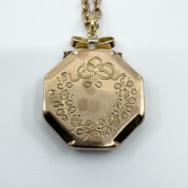 Vintage 9ct Rose Gold Swallow Engraved Photo Locket & 19" Chain / Necklace 375