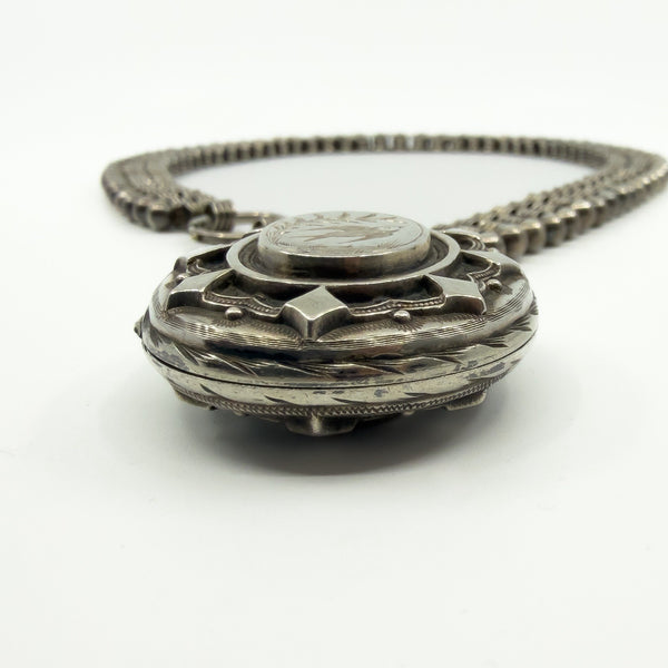 Large Antique Victorian Sterling Silver Reversible Locket & 18.5" Book Chain 925