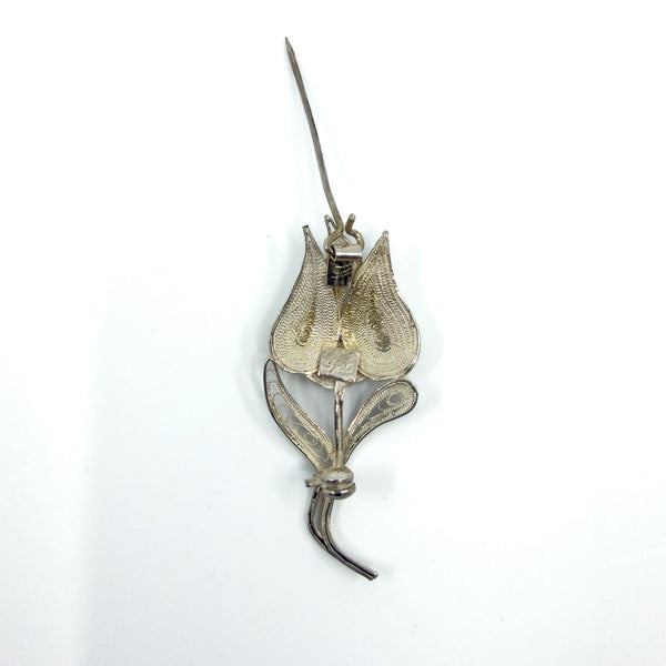 Vintage Sterling Silver Filigree Dutch Tulip Flower Brooch 925