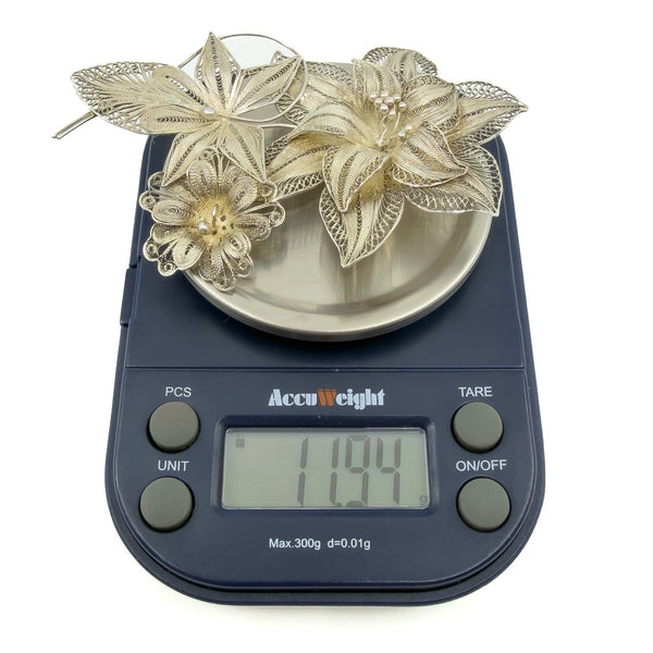 XL Vintage Silver Filigree Trio of Flowers Brooch 900