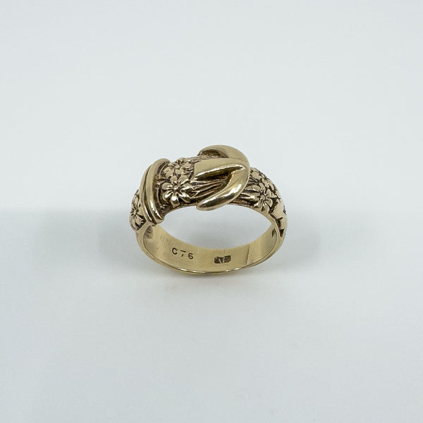 Vintage Chunky 9ct Gold Floral Engraved Buckle Ring 375 Size O 6.2g