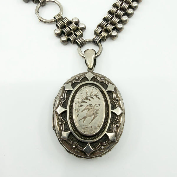 Large Antique Victorian Sterling Silver Reversible Locket & 18.5" Book Chain 925