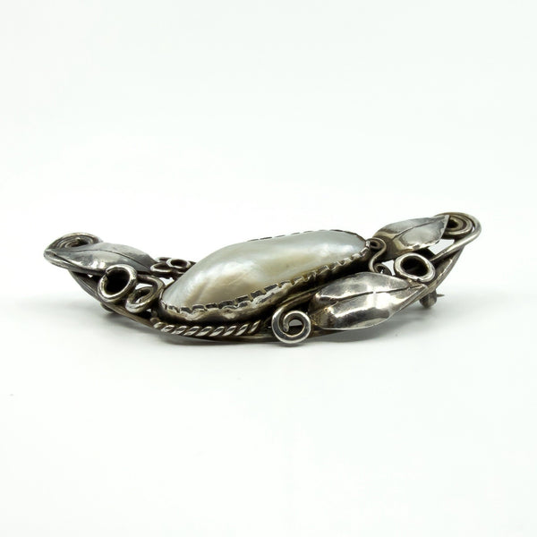 Large Arts & Crafts Sterling Silver Vintage Floral Mother of Pearl Brooch 925