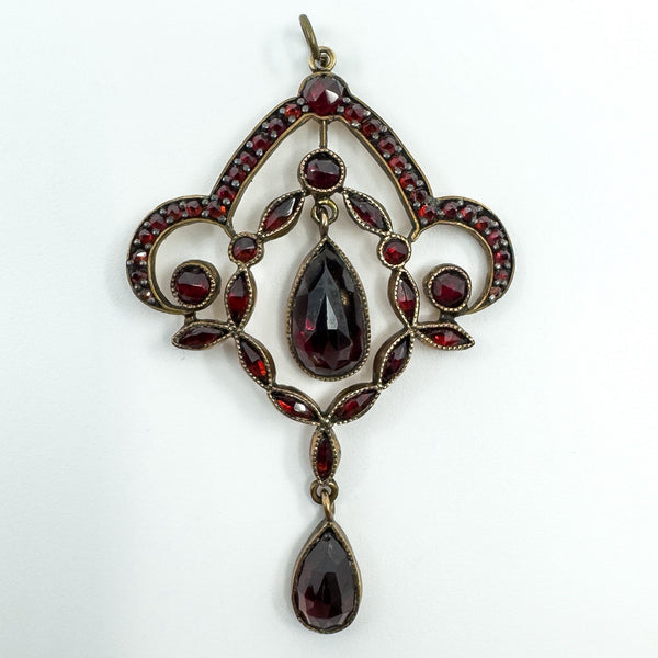 Large Antique Silver Gilt Bohemian Rose Cut Garnet Pendant / Art Nouveau c1900