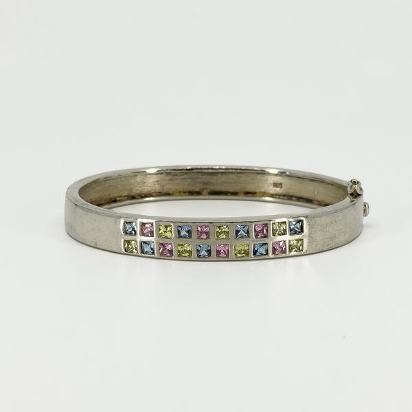 Chunky Sterling Silver Multi Coloured CZ Oval Bangle / Bracelet 925