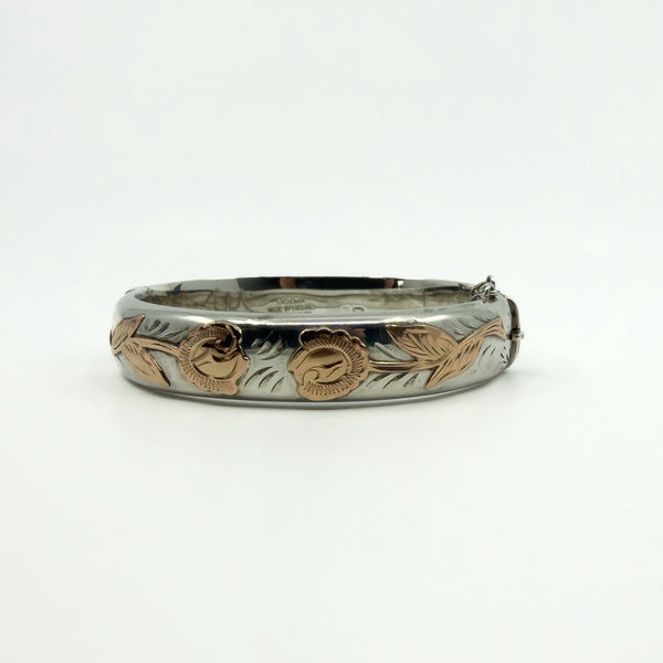 Vintage Sterling Silver & Rose Gold Engraved Floral Bangle 925 (Birm 1978)