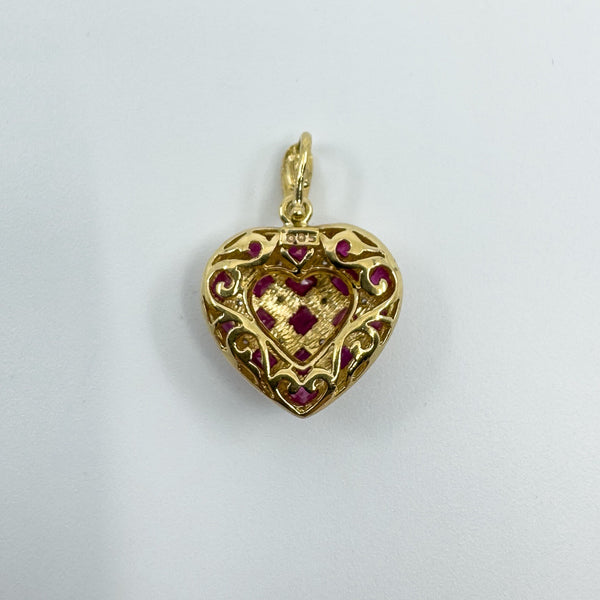 Vintage 9ct Gold Puffy Ruby & Diamond Heart Pendant 375