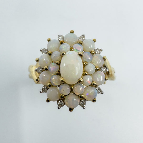 Vintage 9ct Gold Opal & Diamond Cluster Ring 375 Size U - V (Birmingham 2005)