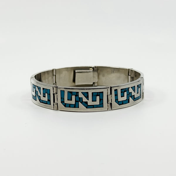 Chunky Modernist Sterling Silver Turquoise Panel Bracelet 925