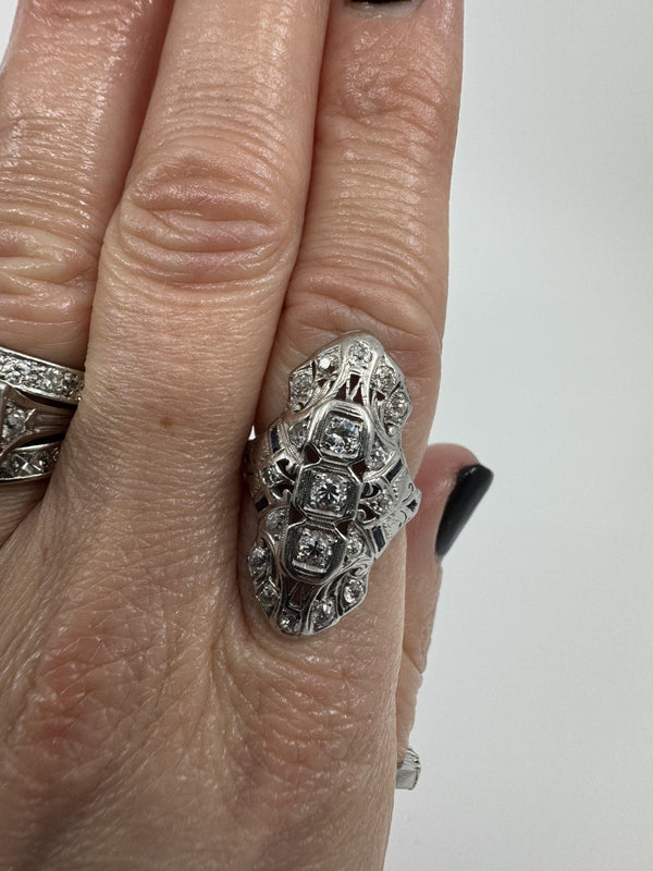 Antique / Art Deco Platinum Diamond & Sapphire Trilogy Navette Ring Size M