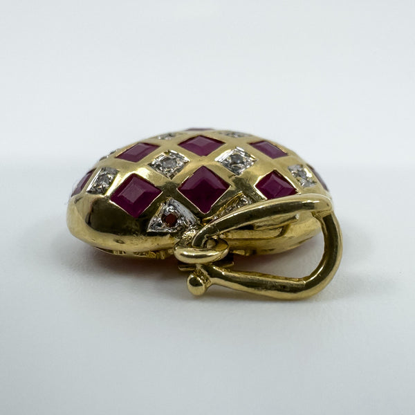 Vintage 9ct Gold Puffy Ruby & Diamond Heart Pendant 375