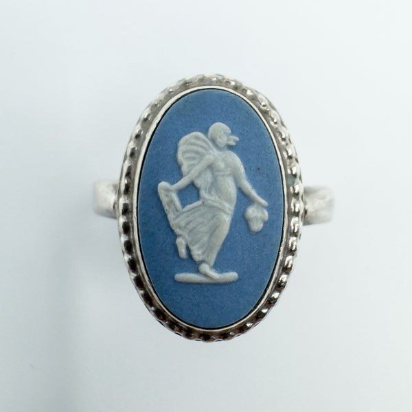 Vintage Sterling Silver Wedgewood Blue Jasper Ware Cameo Ring 925 Size M N 1982