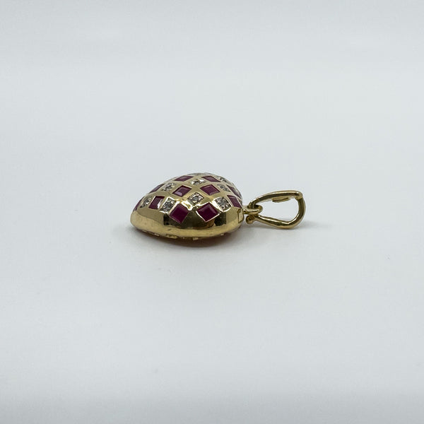 Vintage 9ct Gold Puffy Ruby & Diamond Heart Pendant 375