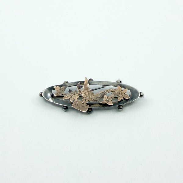 Antique Ewardian Sterling Silver & Rose Gold Swallow Ivy Love Letter Brooch 925