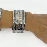 Wide Antique 1885 Victorian Sterling Silver & Gold Engraved Floral Bangle 925